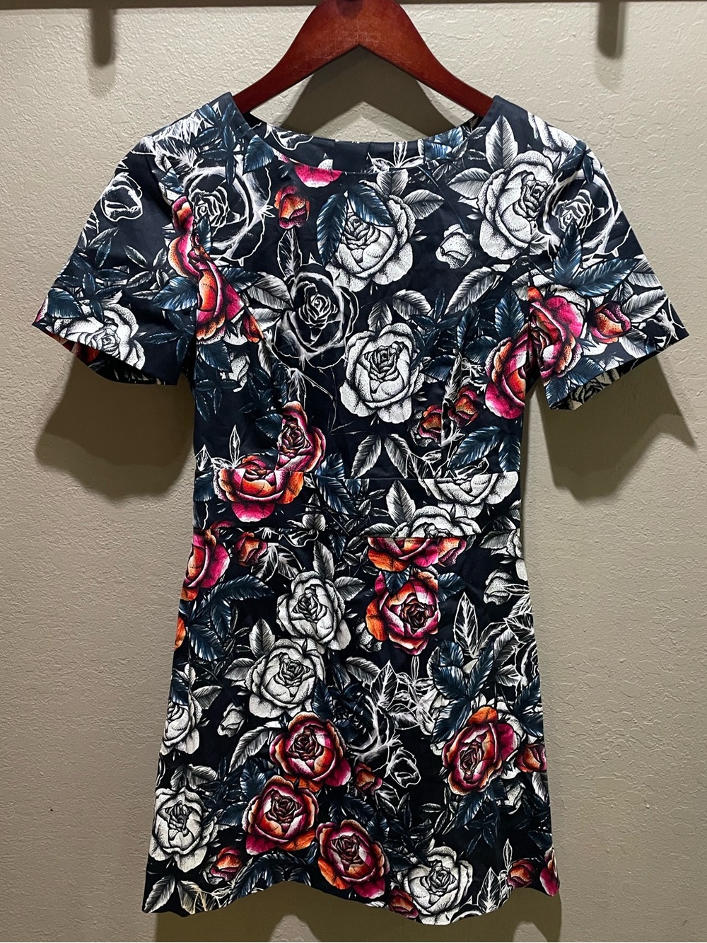 French Connection Navy Mini Dress with Pink and White Rose Print